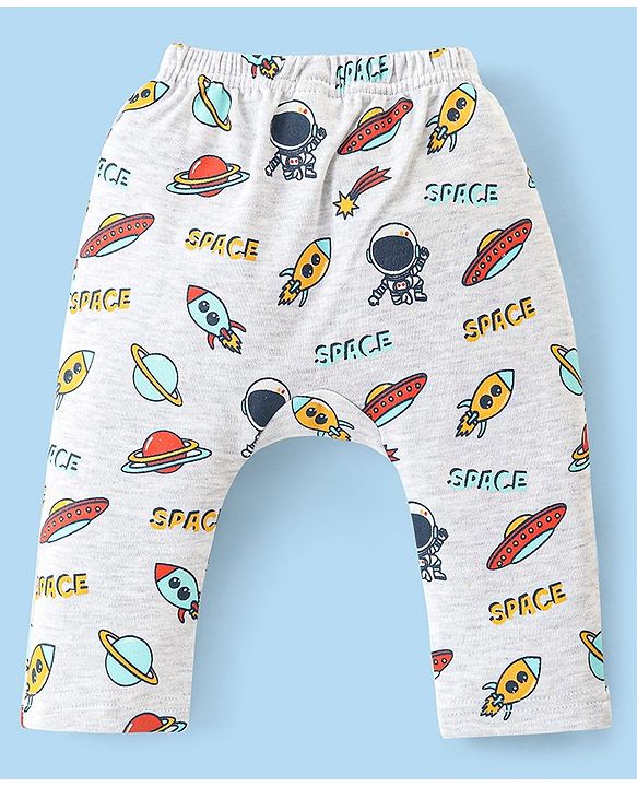 Babyhug Cotton Interlock Knit Full Length Diaper Pant with Stripes & Space Ships Print Pack of 3 - Navy Red & White