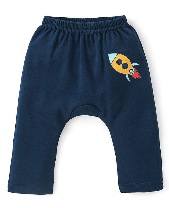 Babyhug Cotton Interlock Knit Full Length Diaper Pant with Stripes & Space Ships Print Pack of 3 - Navy Red & White