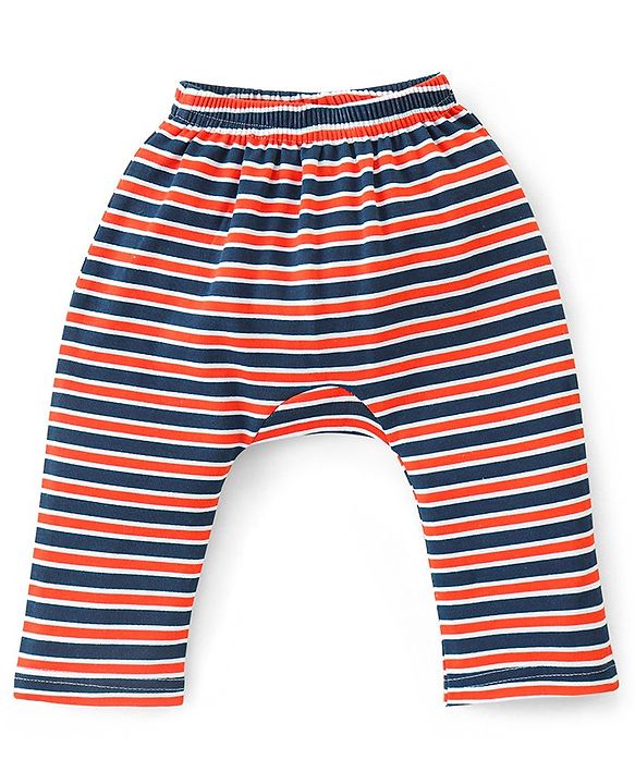 Babyhug Cotton Interlock Knit Full Length Diaper Pant with Stripes & Space Ships Print Pack of 3 - Navy Red & White