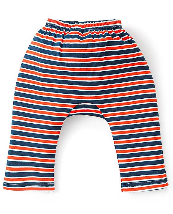 Babyhug Cotton Interlock Knit Full Length Diaper Pant with Stripes & Space Ships Print Pack of 3 - Navy Red & White