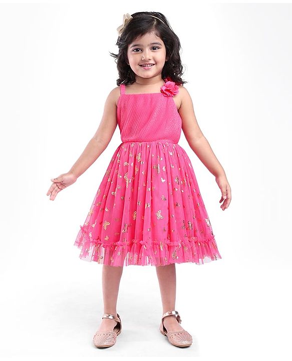 Babyhug Sleeveless Butterfly Foil Printed Party Frock with Floral Corsage - Magenta