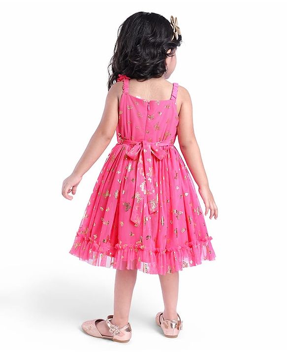 Babyhug Sleeveless Butterfly Foil Printed Party Frock with Floral Corsage - Magenta