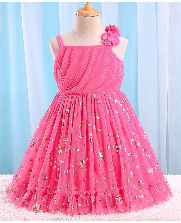 Babyhug Sleeveless Butterfly Foil Printed Party Frock with Floral Corsage - Magenta