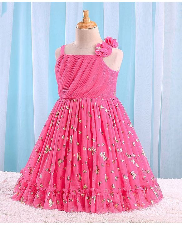 Babyhug Sleeveless Butterfly Foil Printed Party Frock with Floral Corsage - Magenta