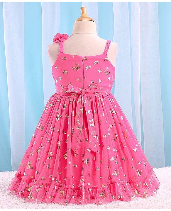 Babyhug Sleeveless Butterfly Foil Printed Party Frock with Floral Corsage - Magenta