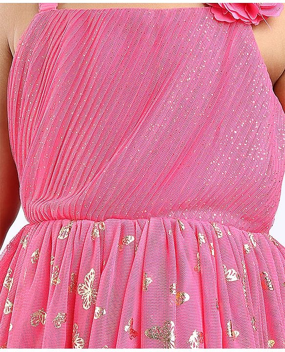 Babyhug Sleeveless Butterfly Foil Printed Party Frock with Floral Corsage - Magenta