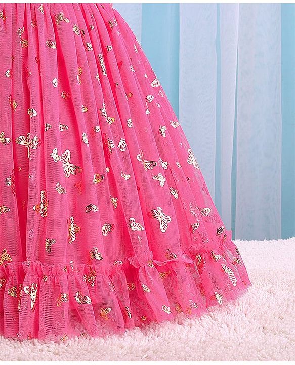Babyhug Sleeveless Butterfly Foil Printed Party Frock with Floral Corsage - Magenta