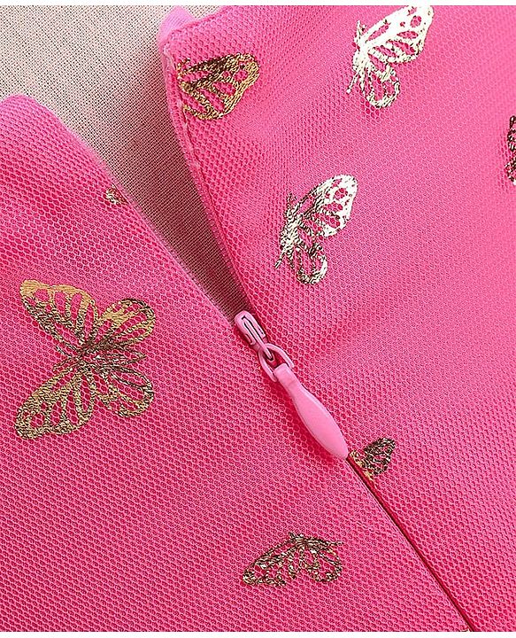 Babyhug Sleeveless Butterfly Foil Printed Party Frock with Floral Corsage - Magenta
