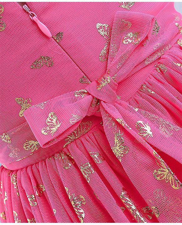 Babyhug Sleeveless Butterfly Foil Printed Party Frock with Floral Corsage - Magenta
