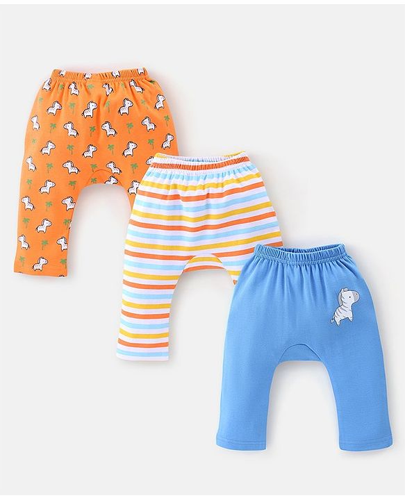 Babyhug Cotton Knit Full Length Diaper Pants With Zebra Print Pack Of 3 - White Orange & Blue