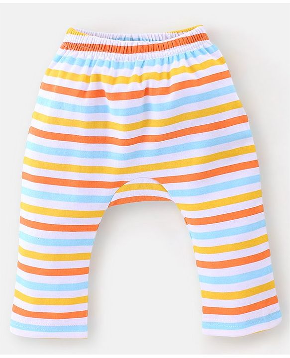 Babyhug Cotton Knit Full Length Diaper Pants With Zebra Print Pack Of 3 - White Orange & Blue