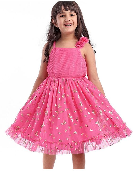 Babyhug Sleeveless Party Frock with Butterfly Foil Printed - Magenta