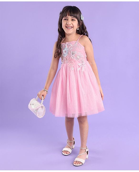 Babyhug Sleeveless Foil Printed with Embroidered Patch Party Frock - Light Pink