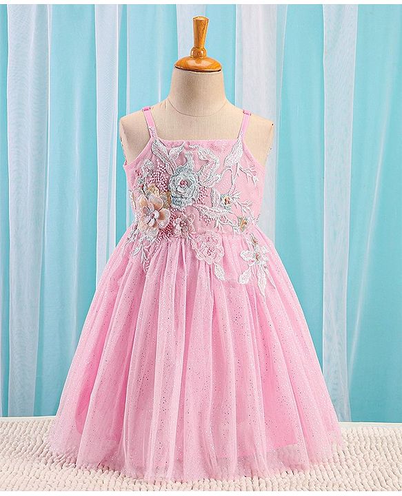 Babyhug Sleeveless Foil Printed with Embroidered Patch Party Frock - Light Pink