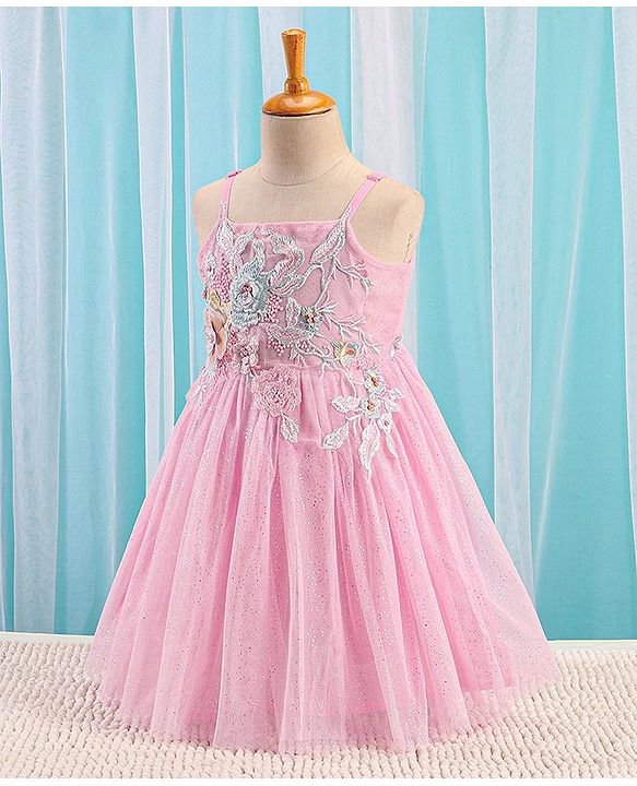 Babyhug Sleeveless Foil Printed with Embroidered Patch Party Frock - Light Pink