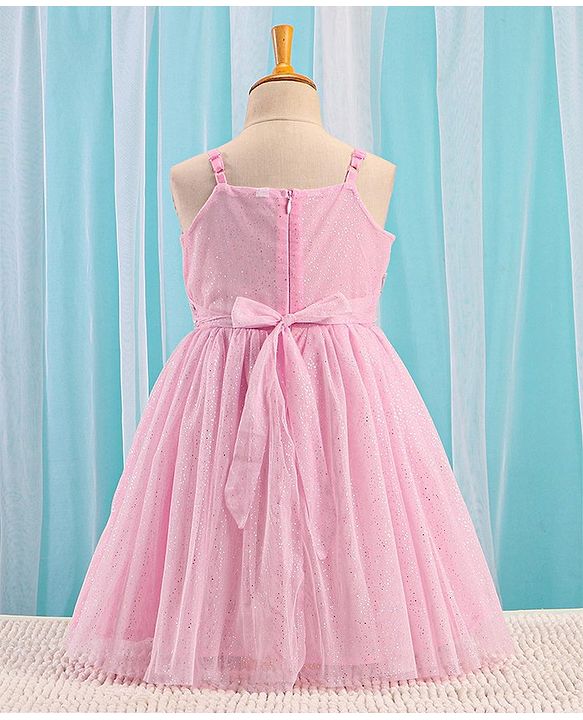 Babyhug Sleeveless Foil Printed with Embroidered Patch Party Frock - Light Pink