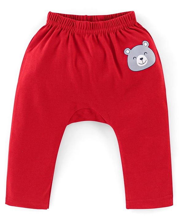 Babyhug Interlock Cotton Knit Full Length Diaper Pants Teddy Print Pack of 3 - Red & Yellow