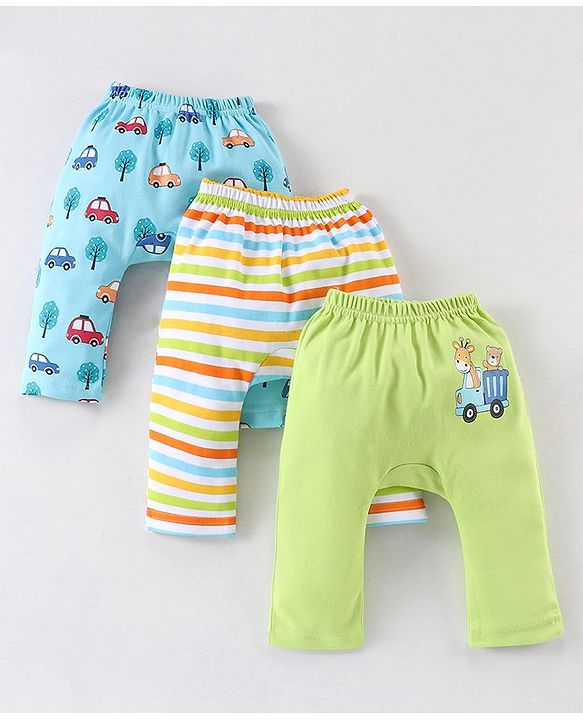 Babyhug Cotton Diaper Pants Striped & Car Print Pack of 3 - Blue & Green