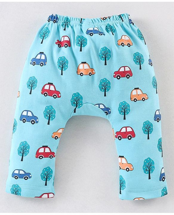 Babyhug Cotton Diaper Pants Striped & Car Print Pack of 3 - Blue & Green