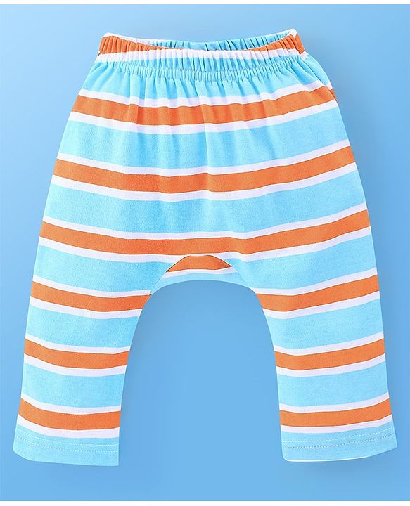 Babyhug Cotton Knit Full Length Diaper Pants Stripes & Tiger Print Pack Of 3 - White & Blue
