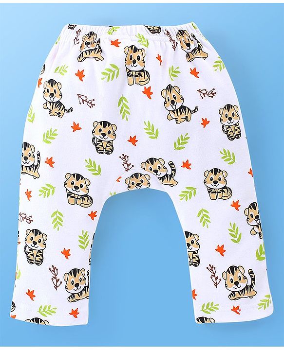 Babyhug Cotton Knit Full Length Diaper Pants Stripes & Tiger Print Pack Of 3 - White & Blue