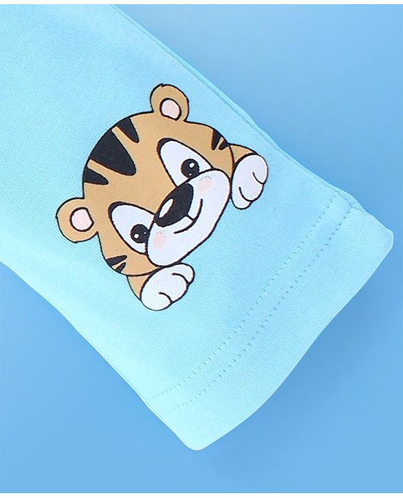 Babyhug Cotton Knit Full Length Diaper Pants Stripes & Tiger Print Pack Of 3 - White & Blue