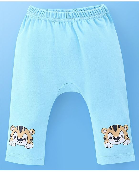 Babyhug Cotton Knit Full Length Diaper Pants Stripes & Tiger Print Pack Of 3 - White & Blue