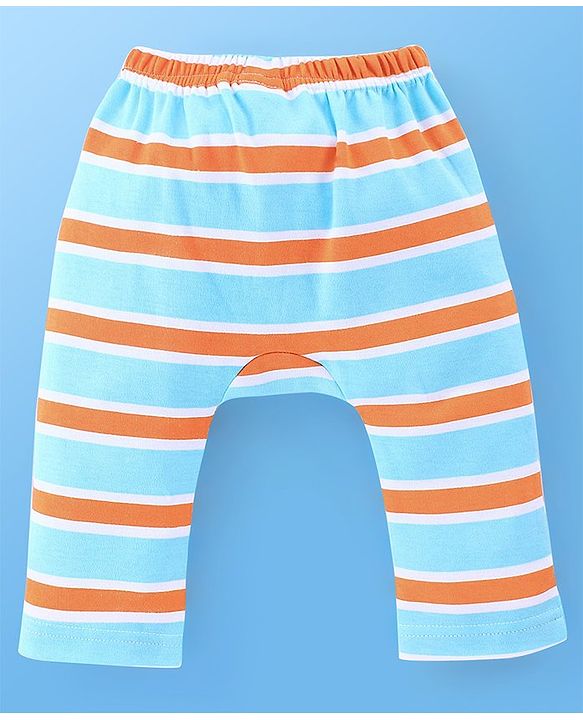 Babyhug Cotton Knit Full Length Diaper Pants Stripes & Tiger Print Pack Of 3 - White & Blue