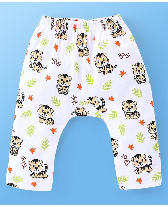 Babyhug Cotton Knit Full Length Diaper Pants Stripes & Tiger Print Pack Of 3 - White & Blue
