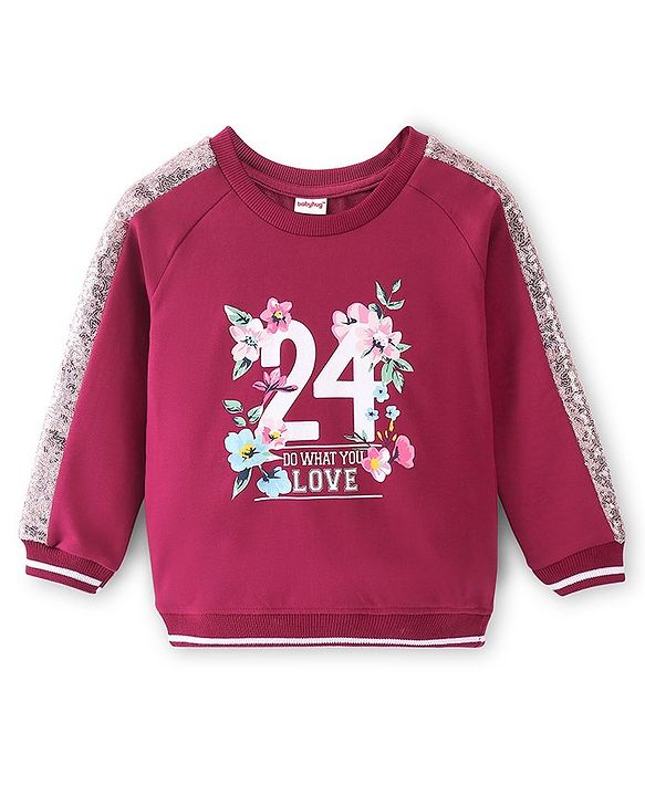 Babyhug Cotton Knit Full Sleeves Sweatshirt With Numbers Graphics & Sequins Detailing - Maroon