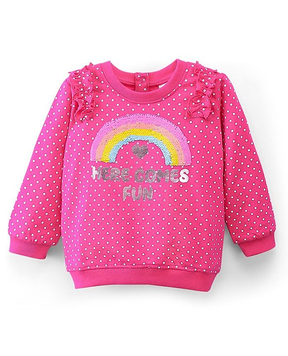 Babyhug Cotton Knit Full Balloon Sleeves Polka Dots Printed with Sequins & Ruffle Detailing Sweatshirt -Pink