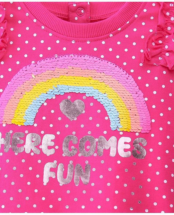 Babyhug Cotton Knit Full Balloon Sleeves Polka Dots Printed with Sequins & Ruffle Detailing Sweatshirt -Pink