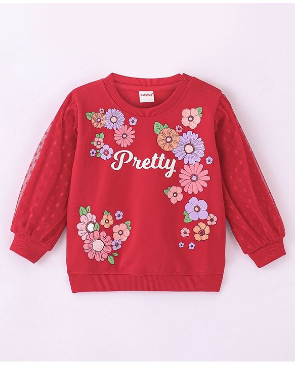Babyhug Cotton Knit Full Balloon Sleeves Sweatshirt with Glitter & Mesh Detailing - Red