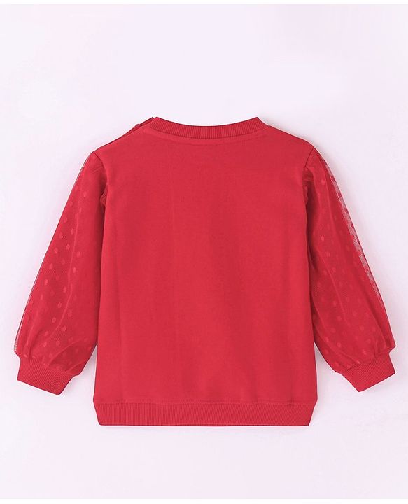 Babyhug Cotton Knit Full Balloon Sleeves Sweatshirt with Glitter & Mesh Detailing - Red