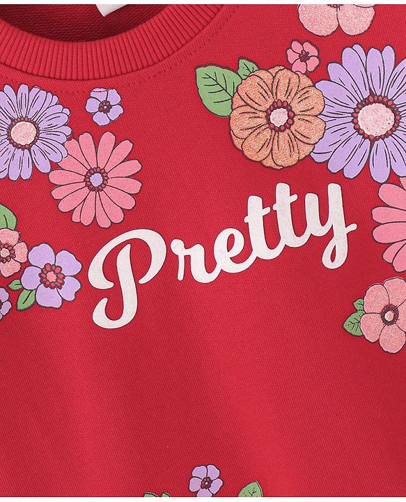 Babyhug Cotton Knit Full Balloon Sleeves Sweatshirt with Glitter & Mesh Detailing - Red