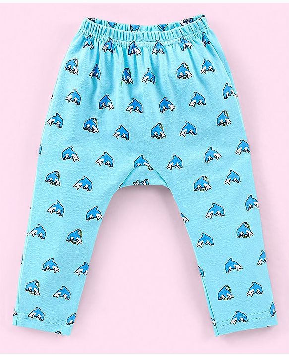 Babyhug Cotton Full Length Diaper Pants Stripes & Dolphin Print Pack of 3- Blue Green & Orange