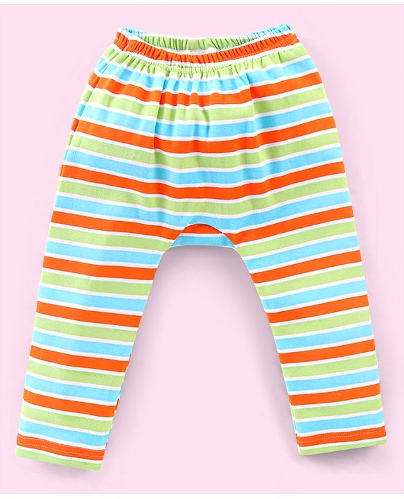 Babyhug Cotton Full Length Diaper Pants Stripes & Dolphin Print Pack of 3- Blue Green & Orange