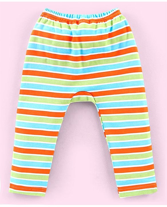 Babyhug Cotton Full Length Diaper Pants Stripes & Dolphin Print Pack of 3- Blue Green & Orange