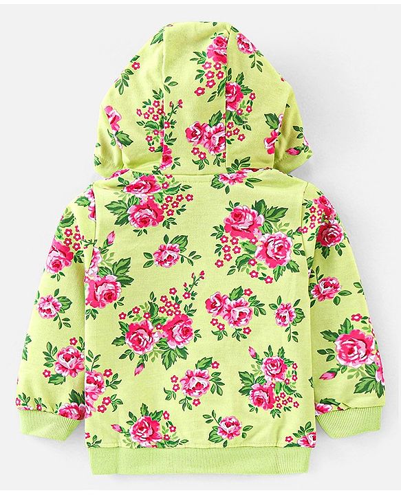 Babyhug Cotton Knit Full Sleeves Hooded Sweat Jacket With Frill Detailing & Floral Print - Green