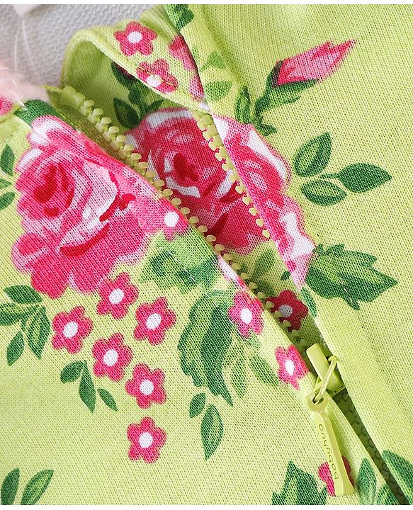 Babyhug Cotton Knit Full Sleeves Hooded Sweat Jacket With Frill Detailing & Floral Print - Green