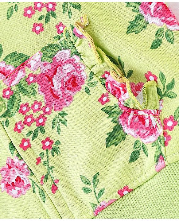 Babyhug Cotton Knit Full Sleeves Hooded Sweat Jacket With Frill Detailing & Floral Print - Green