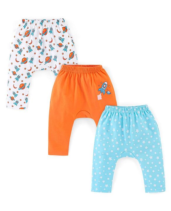 Babyhug Interlock Cotton Knit Full Length Diaper Pants Space Print Pack of 3 - Orange White & Blue