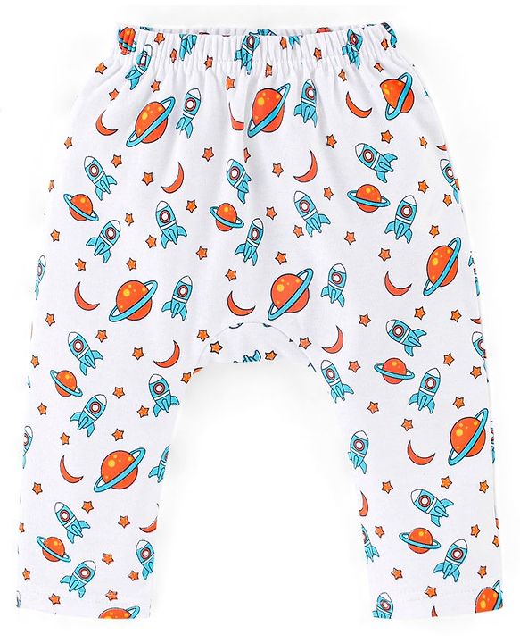 Babyhug Interlock Cotton Knit Full Length Diaper Pants Space Print Pack of 3 - Orange White & Blue