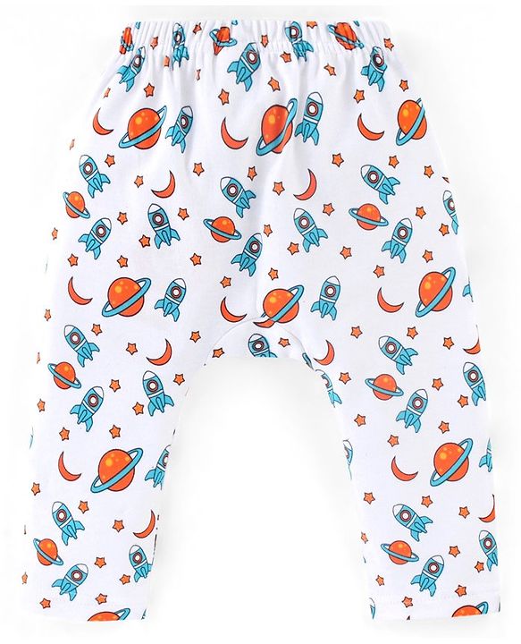 Babyhug Interlock Cotton Knit Full Length Diaper Pants Space Print Pack of 3 - Orange White & Blue