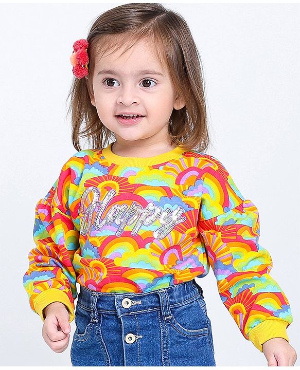 Babyhug Cotton Knit Full Sleeves Sweatshirt With Text Embroidery & Sequins Detailing - Multicolour