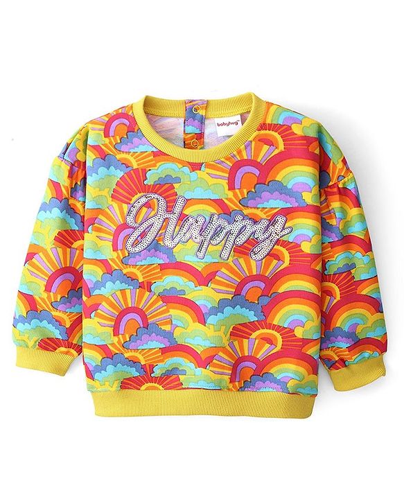 Babyhug Cotton Knit Full Sleeves Sweatshirt With Text Embroidery & Sequins Detailing - Multicolour