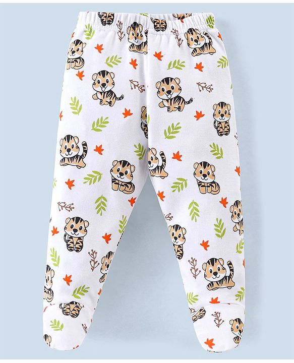 Babyhug Cotton Booties Pant Striped & Tiger Print Pack of 3 - Blue & White