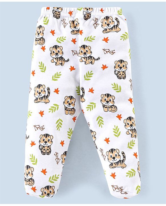 Babyhug Cotton Booties Pant Striped & Tiger Print Pack of 3 - Blue & White