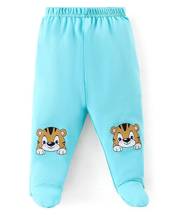 Babyhug Cotton Booties Pant Striped & Tiger Print Pack of 3 - Blue & White