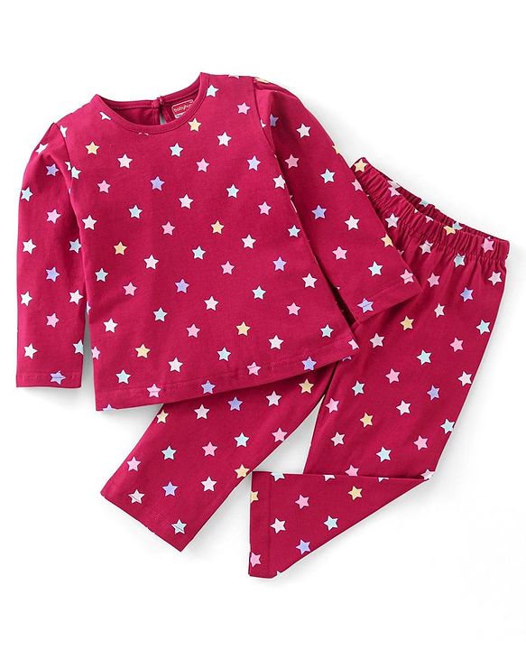 Babyhug Cotton Full Sleeves Night Suit Stars Print- Pink